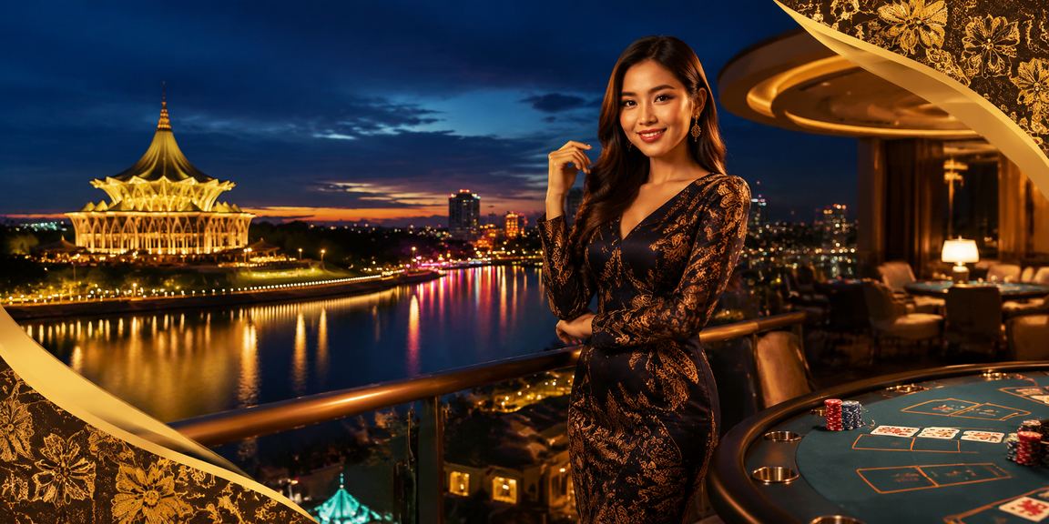 Meja baccarat Kuching dengan motif batik Sarawak dalam suasana kasino
